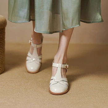 2022 Пролетно-летни Дамски сандали със затворени пръсти, Дамски обувки В масивна ток, Нови Дамски Сандали От естествена кожа, Ежедневни Римска обувки на Висок ток