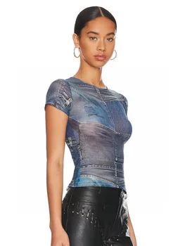2023 Дамски Модни Риза, Чорапогащник с 3D принтом, Женска тениска, дрехи Y2K, нов висококачествен топ с къс ръкав, жилетка, сутиен