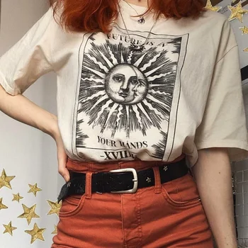 Бежовата Риза Дамски Реколта модерна риза в стил гръндж Бъдещето в ръцете си Слънцето и Луната Уличен Стил Козметична Риза