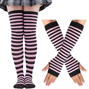 Дамски Чорапи Шарени Чорапогащи До Коляното, Топли Ръкавици За Ръце Без Пръсти, Комплект