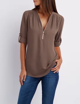Модерни елегантни луксозни дамски блузи 2022, летни оранжеви тениски големи размери с V-образно деколте дамски свободна шифоновая риза с цип дълъг ръкав