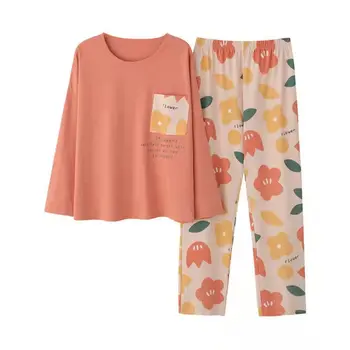 Пижами, изработени от чист памук Дамски Пролетни и Есенни модели с дълги ръкави За домашно обслужване Женски Прост Свободен Всекидневен костюм Голям размер 5XL