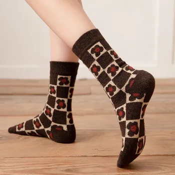 Сгъстено топли Вълнени Чорапи, Чорапи-тръба, Ежедневни Чорапи, Есенно-зимни, Топли и Удобни Памучни Чорапи в шахматна дъска модел с Гъби, Сладки Чорапи