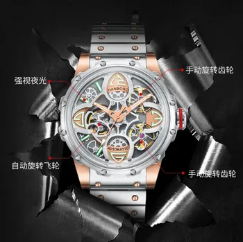 HANBORO нови Ръчни Часовници ръкохватката е напълно автоматични механични часовници с блеснали скелет кухи модерен бизнес мъжки часовник с метална каишка