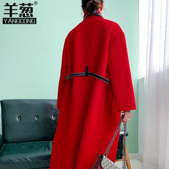Висококачествено бархатное двустранно цветно палто Ni есенно-зимния средна дължина на свободен корейска вълна твидовое дълго, топло палто дантела