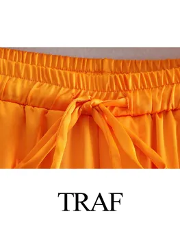 Ежедневни дамски панталони ТРАФИКА, Обикновена оранжеви панталони с еластичен ластик на талията, под формата на висококачествени спортни панталони за пътуване до работа