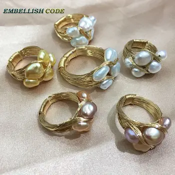 НОВИ дизайнерски изделия златен пръстен с барокови перли пръстен ръчно изработени бяло жълто и смесени цветове